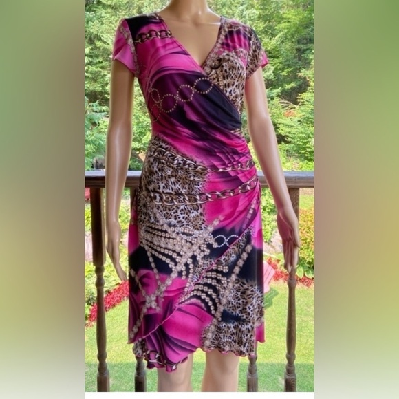 Vintage Joseph Ribkoff Y2K Chains Leopard Print Lettuce Hem Wrap Dress Size M - Picture 1 of 10